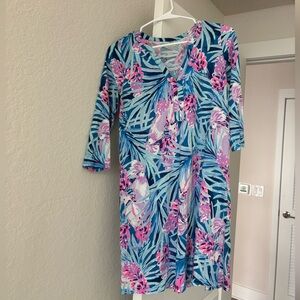 Lily Pulitzer Cori Mini Floral Print V-Neck Dress in Teal & Pink XS